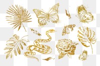 Gold leaf png sticker, animal, botanical set on transparent background