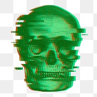 Glitching human skull png, green design, transparent background