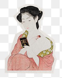 Japanese woman applying powder png sticker, transparent background, remixed by rawpixel.