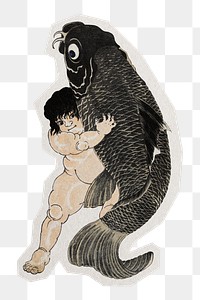 Boy wrestling fish png sticker, vintage illustration by Utagawa Kuniyoshi on transparent background, remixed by rawpixel.