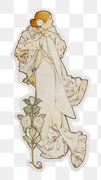 Alphonse Mucha's png La Dame Aux Cam&eacute;lias sticker, transparent background, remixed by rawpixel.