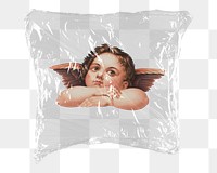 Cherub png sticker, Raphael's artwork in plastic wrap transparent background. Remixed by rawpixel.