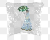 Woman with umbrella png sticker, Claude Monet's artwork in plastic wrap transparent background. Remixed by rawpixel.