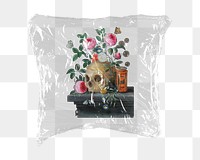 Vanitas png skull still life sticker, Jan van Kessel's artwork in plastic wrap transparent background. Remixed by rawpixel.