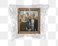 Framed American Gothic png sticker, Grant Wood's artwork in plastic wrap transparent background. Remixed by rawpixel.