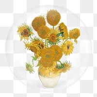 Van Gogh’s Sunflowers png sticker, bubble design transparent background. Remixed by rawpixel.