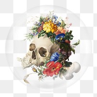 Png Vanitas floral skull sticker, Jan van Kessel's artwork in bubble transparent background. Remixed by rawpixel.