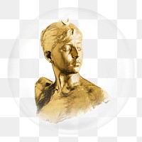 Gold woman sculpture png sticker, bubble design transparent background. Remixed by rawpixel.