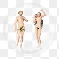 Adam and Eve png sticker, Lucas Cranach the Elder'a artwork in bubble transparent background. Remixed by rawpixel.