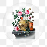 Vanitas png skull still life sticker, Jan van Kessel's artwork in bubble transparent background. Remixed by rawpixel.