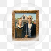 American Gothic png sticker, Grant Wood's artwork in bubble transparent background. Remixed by rawpixel.