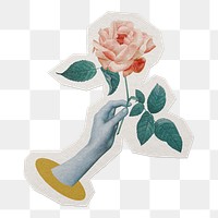 Hand holding rose png sticker, paper cut on transparent background