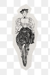 Vintage biking woman png sticker, paper cut on transparent background