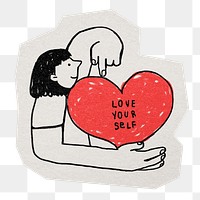 Self-love doodle png sticker, paper cut on transparent background