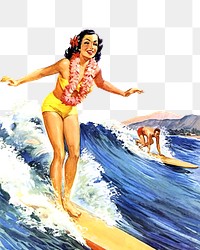 Hawaii woman surfer png illustration, transparent background. Free public domain CC0 image.