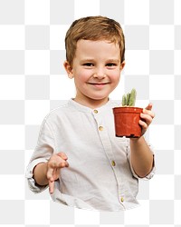 Boy holding plant png, transparent background