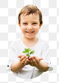 Boy cupping plant png, transparent background