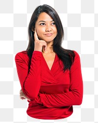 Thinking Asian businesswoman png sticker, transparent background