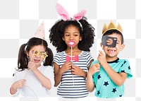 Png kids playing with props sticker, transparent background