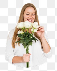 Woman holding rose bouquet png, transparent background