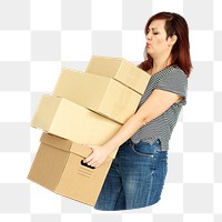 Png woman carrying boxes sticker, transparent background