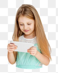 Png girl playing phone sticker, transparent background