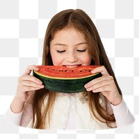 Girl eating watermelon png sticker, transparent background