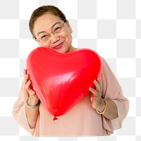 Woman holding heart balloon png, transparent background