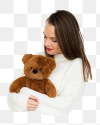 Woman holding teddy png, transparent background