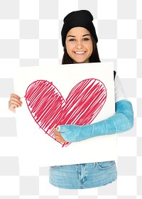 Girl png holding heart board sticker, transparent background