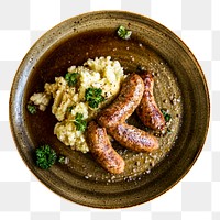 Grilled sausages png mash potato sticker, transparent background