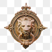 Png lion head door knob sticker, transparent background