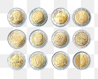 European coin money png set, transparent background