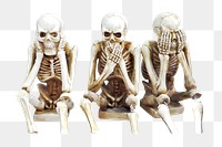 Png three skeletons sitting sticker, transparent background