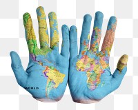Png map painted on hands sticker, transparent background