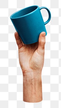 Png coffee cup in hand sticker, transparent background