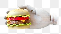 Png robot hand holding hamburger sticker, transparent background