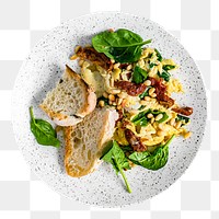 PNG Scrambled eggs with spinach and sun dried tomato, collage element, transparent background