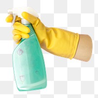 Glove hand png holding cleaning spray bottle sticker, transparent background