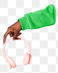 Png pink headphones in hand sticker, transparent background