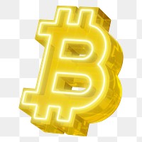 Bitcoin png 3D neon yellow icon, transparent background