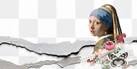 Vermeer pearl earring png ripped paper border, transparent background. Famous art remixed by rawpixel.