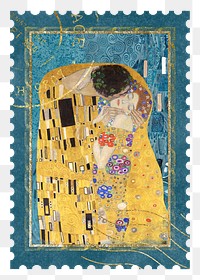 Postage stamp png Gustav Klimt's The Kiss sticker, transparent background, remixed by rawpixel