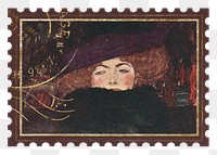 Gustav Klimt's png Dame mit Hut und Federboa postage stamp sticker, transparent background, remixed by rawpixel