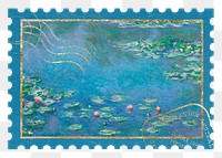 Water lilies png postage stamp sticker, transparent background. Claude Monet artwork, remixed by rawpixel.