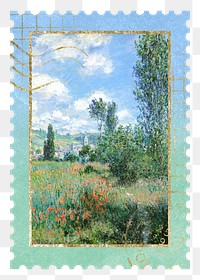 Monet nature png postage stamp sticker, transparent background. Famous art remixed by rawpixel.