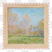 Spring in Giverny png postage stamp sticker, transparent background. Claude Monet artwork, remixed by rawpixel.