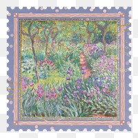 Giverny garden png postage stamp sticker, transparent background. Claude Monet artwork, remixed by rawpixel.
