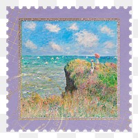 Pourville cliff walk png postage stamp sticker, transparent background. Claude Monet artwork, remixed by rawpixel.