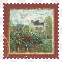 Monet's garden png postage stamp sticker, transparent background. Famous art remixed by rawpixel.